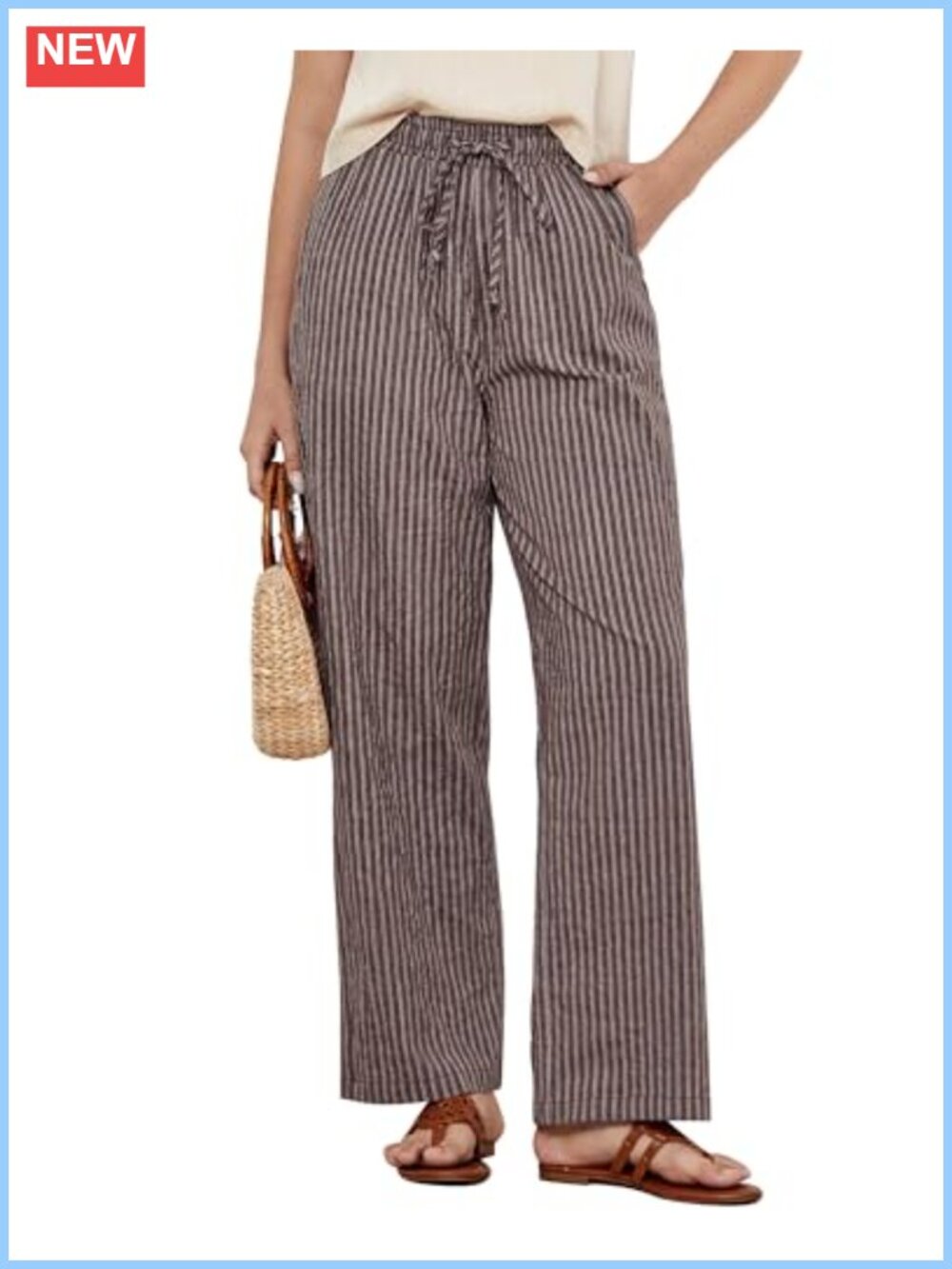 Women's High Waisted Wide Leg Cotton Linen Striped Pull On Palazzo Lounge Pants